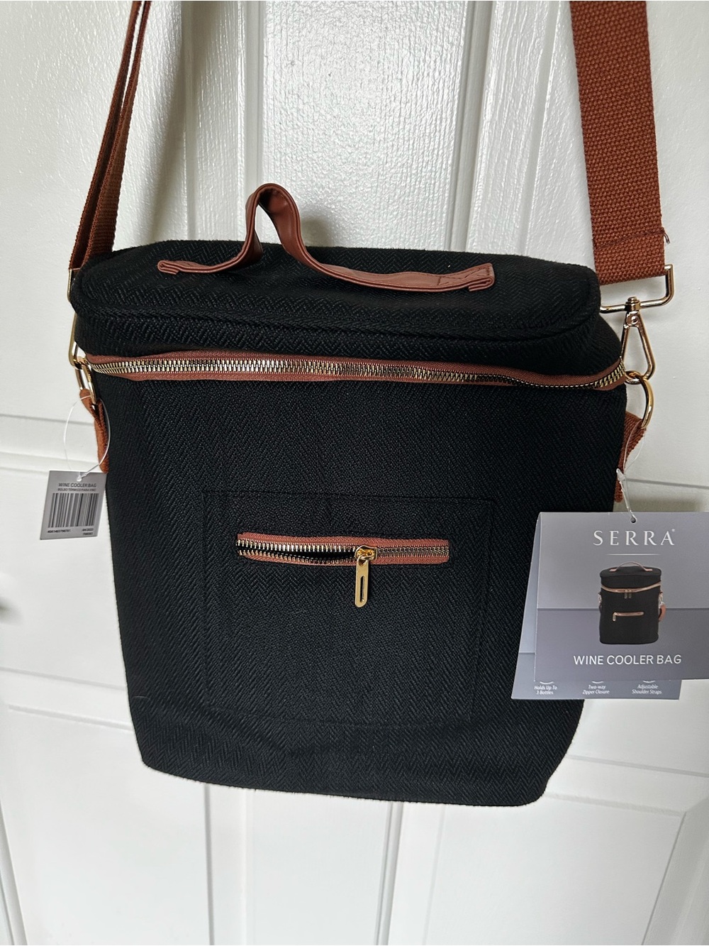 Serra Black Wine Cooler Bag with Brown Trim